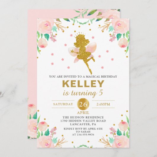 妖精誕生日招待状ピンクフローラガールパーティー 招待状 (正面/裏面)