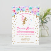 妖精1歳の誕生日 – 金ゴールドティール(緑がかった色)パープルピンク 招待状 (スタンド正面)