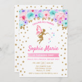 妖精1歳の誕生日 – 金ゴールドティール(緑がかった色)パープルピンク 招待状 (正面/裏面)