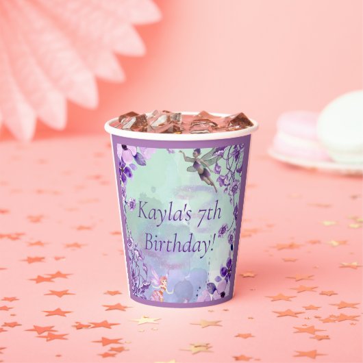 妖精7誕生日水彩紫モノグラム名 紙コップ (インサイチュ)