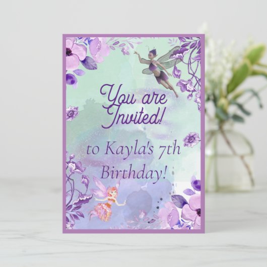 妖精7誕生日水彩紫 招待状 (スタンド正面)