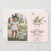 妖精 ファースト パーソナライズ フォト ピンク 1歳 誕生日 招待状 (正面)