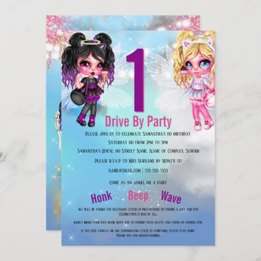 妖精《フェアリー》たちは天使の魔法の空のアニメかわいい女の子パーティー 招待状 (正面/裏面)