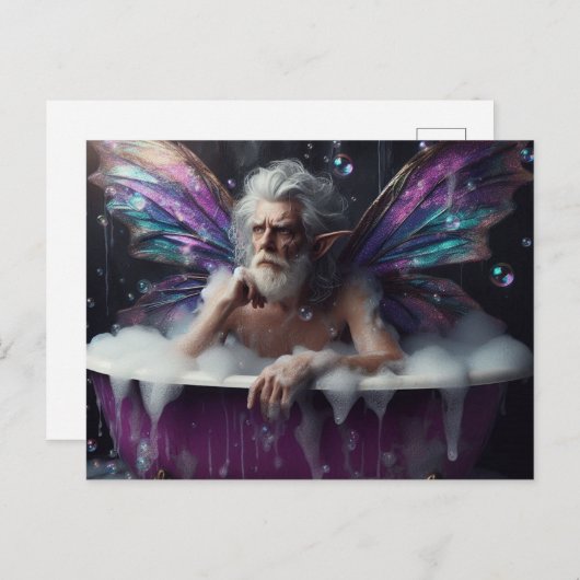 妖精《フェアリー》の老人が紫色の浴槽で泡風呂に ポストカード (正面/裏面)