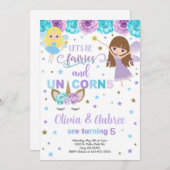 妖精&ユニコーン女の子の兄弟姉妹招待。 招待状 (正面/裏面)