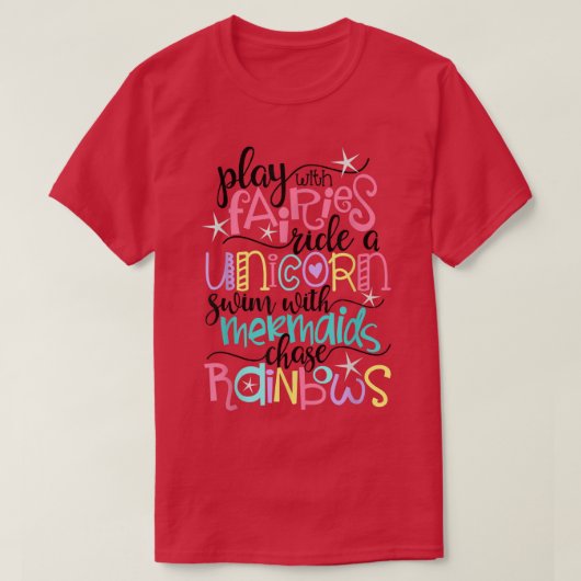 妖精、ユニコーン、人魚、虹のおもしろい Tシャツ (デザイン正面)