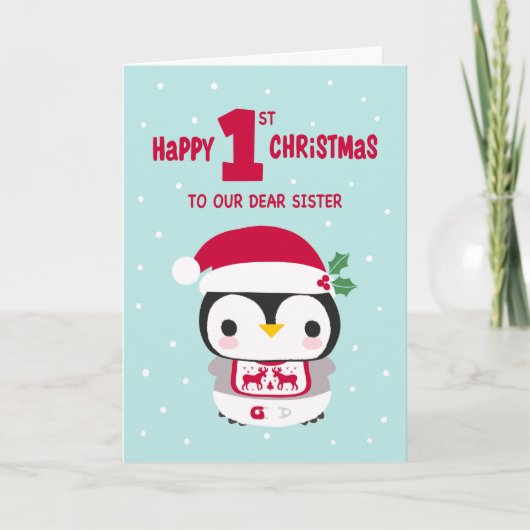 妹の初めてのクリスマスとベビーペンギン カード (正面)