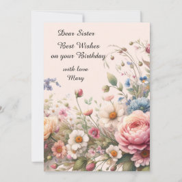 妹の誕生日用ピンクの花のフラットカード