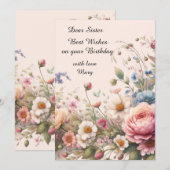 妹の誕生日用ピンクの花のフラットカード (正面/裏面)