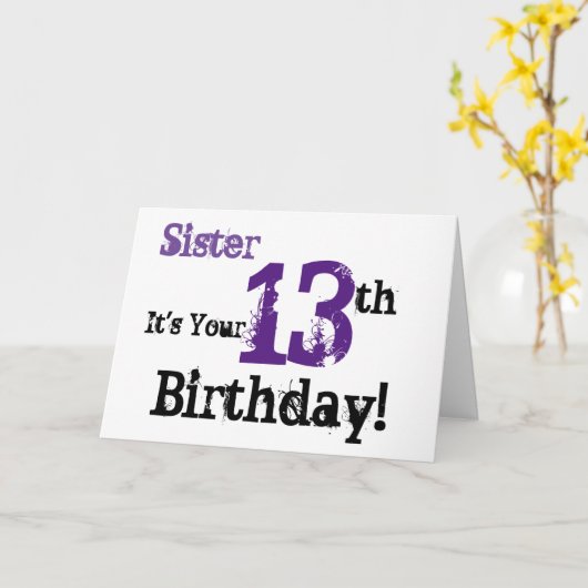 妹の13番目の誕生日の挨拶は黒、紫。 カード (黄色い花)