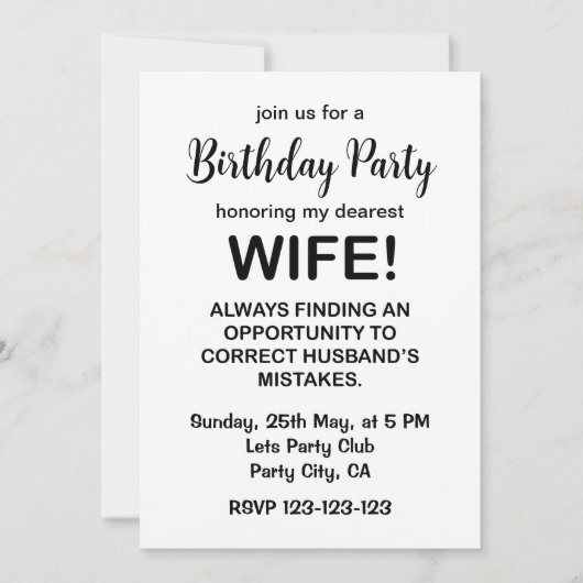 妻おもしろいタイポグラフィ妻誕生日 招待状 (正面)