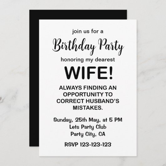 妻おもしろいタイポグラフィ妻誕生日 招待状 (正面/裏面)