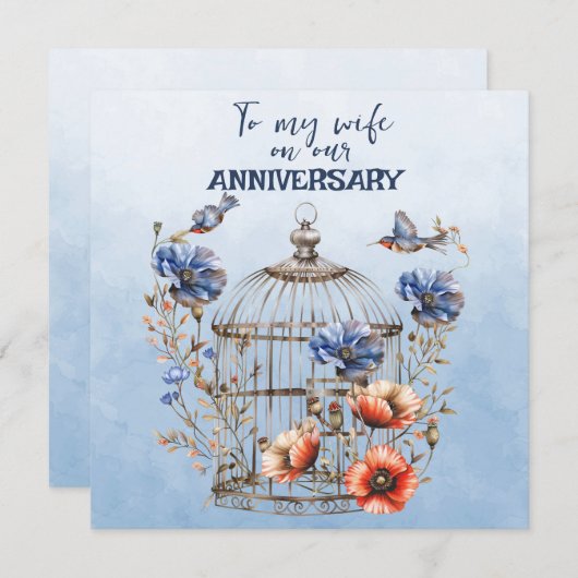 妻のアニバーサリーブルーとオレンジポピズバーケージ ノートカード (正面/裏面)