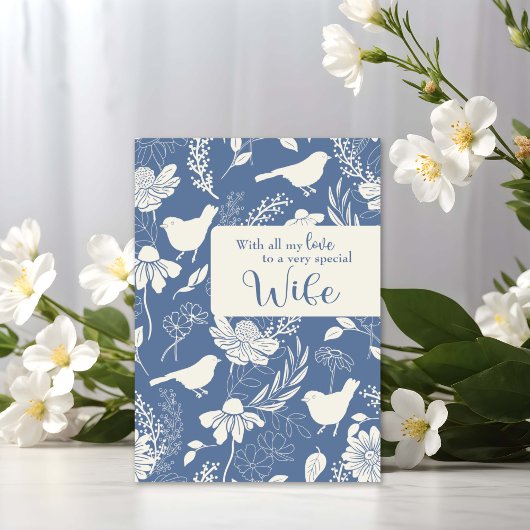 妻の誕生日ブルーバードと花 カード