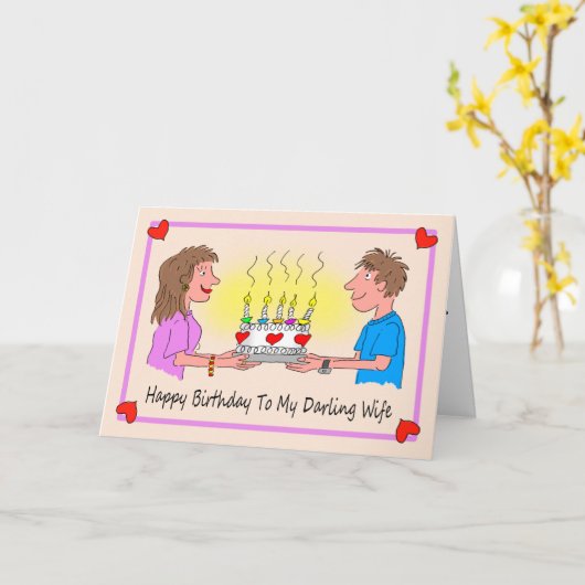 妻の誕生日漫画の風刺漫画カップル カード (黄色い花)