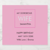 妻の誕生日、タイポグラフィブラック、ホワイト、ピンク スパークリングワインラベル (シングルラベル)