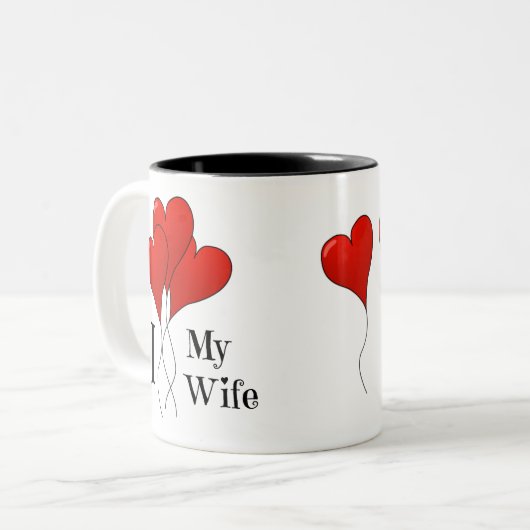 妻を愛する赤いハート風船の三色 ツートーンマグカップ (正面左)