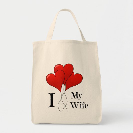 妻を愛する赤いハート風船の三色 トートバッグ (正面)