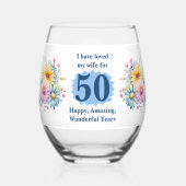 妻を愛50周年記念花ブルー ステムなしワイングラス (正面)