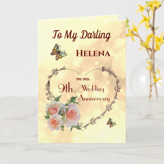 妻パーソナライズされた九周年記念グリーティングカード カード (黄色い花)