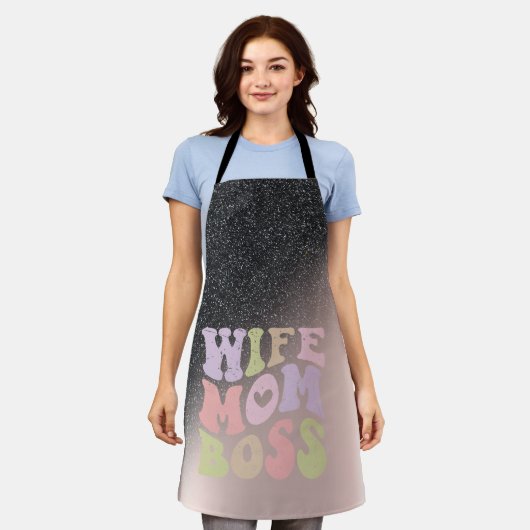 妻ママボスブラックグリッターグラデーションバラ金ゴールド エプロン (着用した状態)