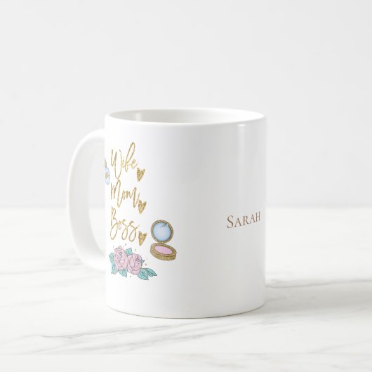 妻ママボス金ゴールドタイポグラフィ/名前 コーヒーマグカップ (正面左)