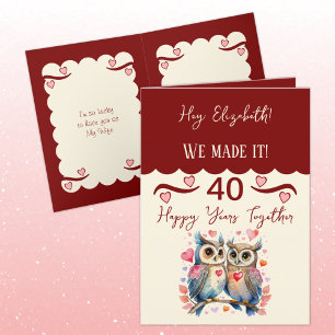妻40周年記念フクロウズマロンピンク カード