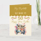 妻50周年記念フクロウ金ゴールドピンク カード (正面)