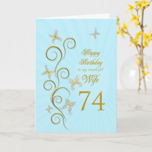 妻74番目の誕生日と金蝶 カード (黄色い花)