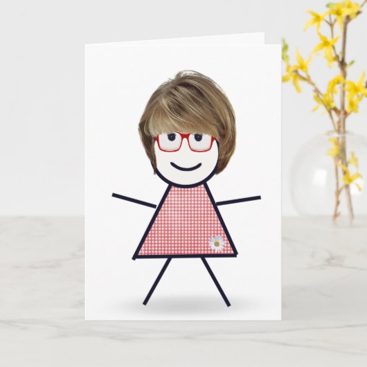 姉の誕生日用の髪の毛のついた棒人間女子 カード (黄色い花)