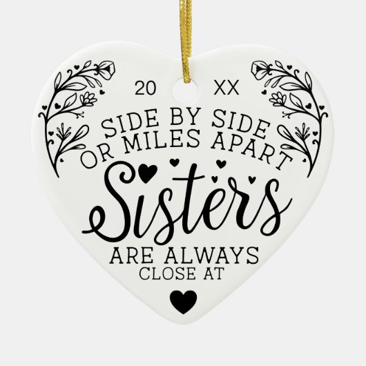 姉妹が接続ハートフォトキープサキーホワイト セラミックオーナメント (正面)