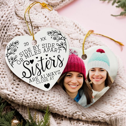 姉妹が接続ハートフォトキープサキーホワイト セラミックオーナメント