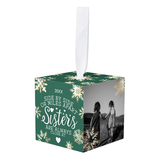 姉妹が接続,ハート写真の記念日緑 キューブオーナメント (正面アングル)