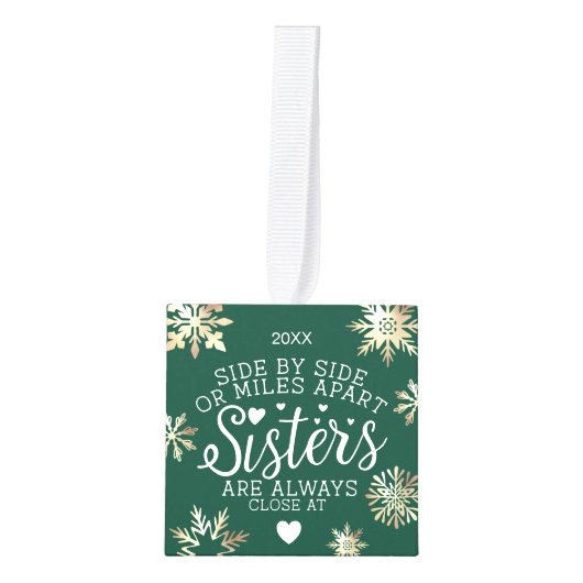 姉妹が接続，ハート写真の記念日緑 キューブオーナメント (正面)