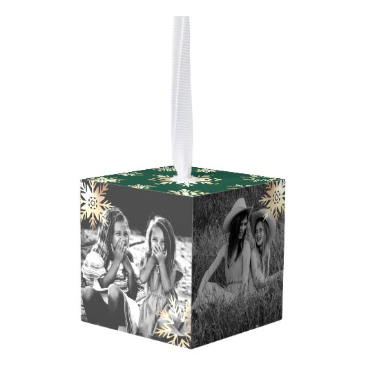 姉妹が接続,ハート写真の記念日緑 キューブオーナメント (裏面アングル)