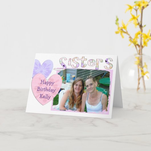 姉妹のためのピンクおよび紫色のハッピーバースデーカード カード (黄色い花)