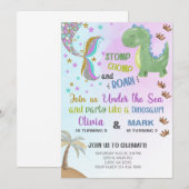 姉妹の人魚と恐竜の誕生日招待状 招待状 (正面/裏面)