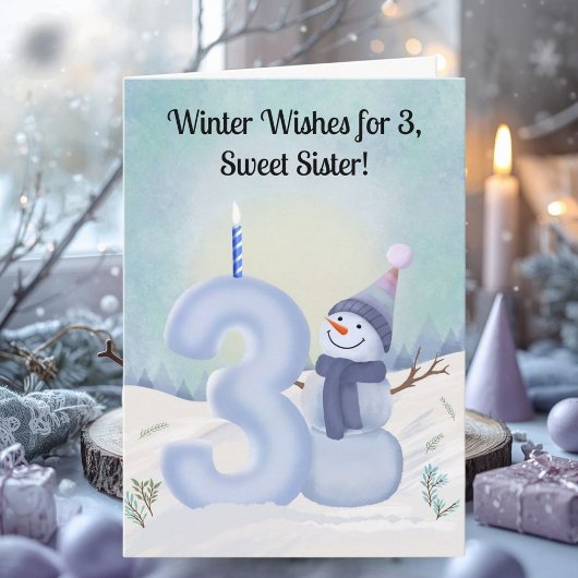 姉妹の3歳の誕生日 スノーマン 雪景色 カード