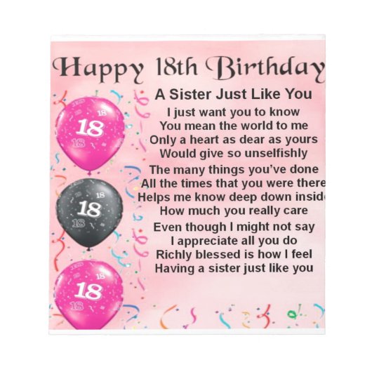 姉妹への詩 - 18歳の誕生日デザイン ノートパッド (正面)