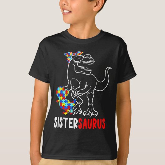 姉妹ザウルス T レックス 恐竜 自閉症啓発 姉妹 Tシャツ (正面)