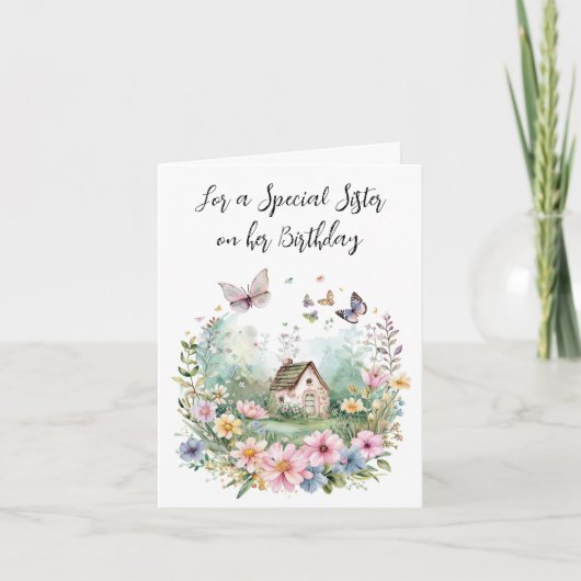 姉妹用のフローラリースの水色コテージ カード (正面)