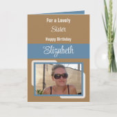 姉妹追加の名前フォトブルーブラウン誕生日 カード (正面)