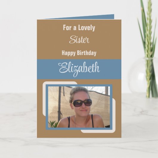 姉妹追加の名前フォトブルーブラウン誕生日 カード (正面)