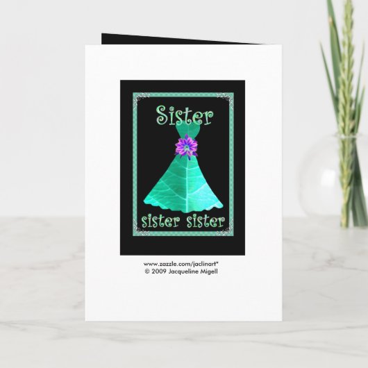 姉妹 – ジュニアブライドメイド、ティール（緑がかった色）グリーンガウン 招待状 (裏面)