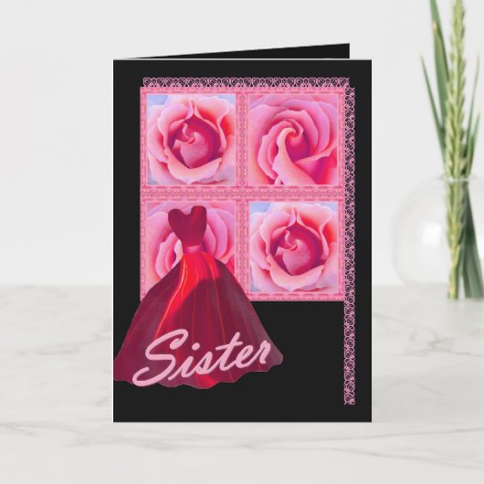 姉妹-新婦付添人-赤いガウン、ピンクのバラ 招待状 (正面)