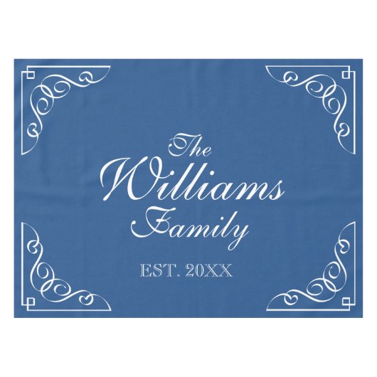 姓のパーソナライズされた青と白のテーブルクロス テーブルクロス (正面(横))