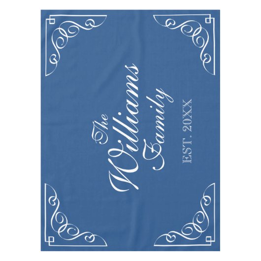 姓のパーソナライズされた青と白のテーブルクロス テーブルクロス (正面)