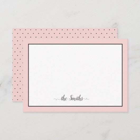 姓のモダンな書道のシックな水玉模様のピンク ノートカード (正面/裏面)