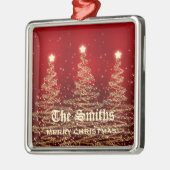 姓の赤いきらめくなクリスマスツリー メタルオーナメント (左)