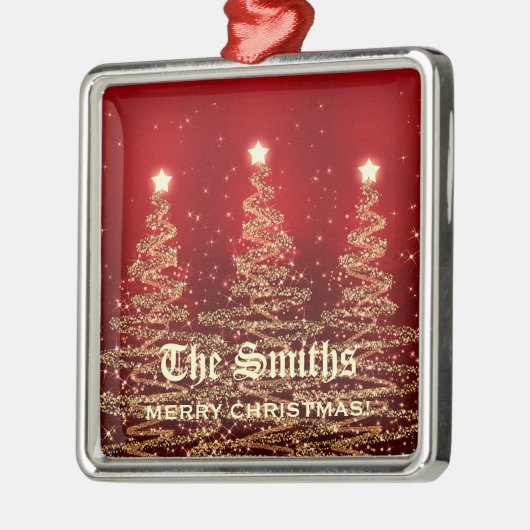 姓の赤いきらめくなクリスマスツリー メタルオーナメント (左)